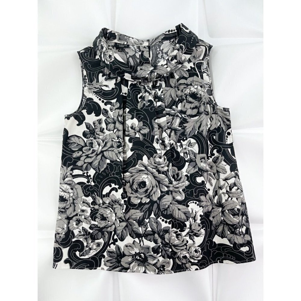 Talbots Sz 6 Pleated Collared Floral Print Top Blouse Black White Waverley s